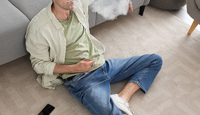 Person smoking cigarette in carpeted room