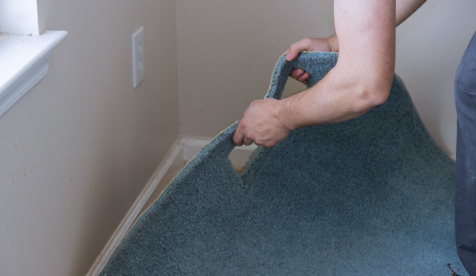 A person removing carpet from a corner of a room