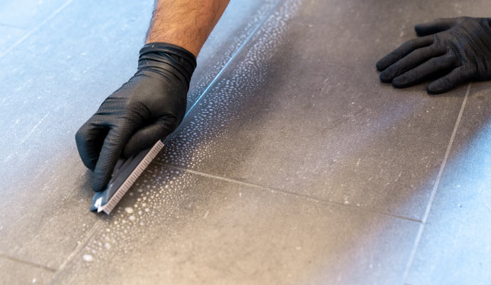 professional worker cleaning tile and grout