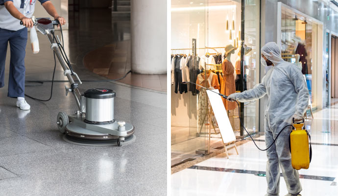 collage of commercial floor cleaning and sanitization