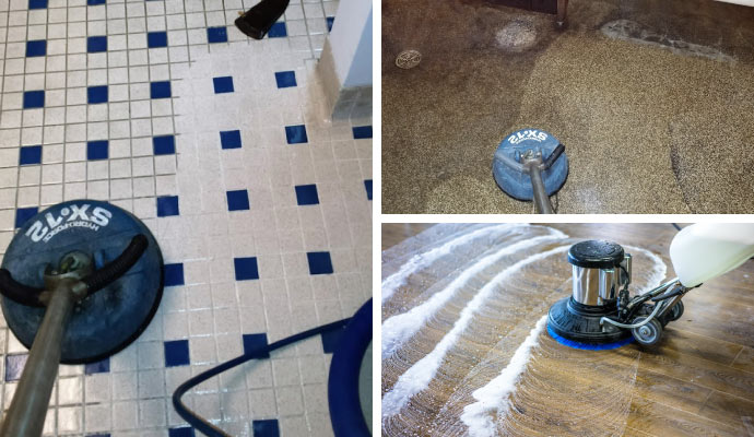 collage of tile, stone and wood floor cleaning