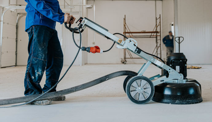 professional worker using a floor polishing machine on the concrete floor