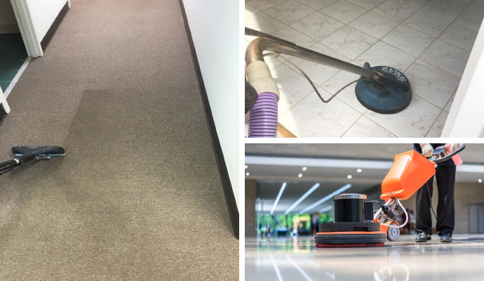 collage of carpet, tile and commercial floor cleaning