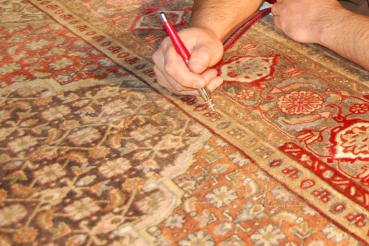 Employee of Masterkleen doing carpet color restoration of a multi colored carpet.